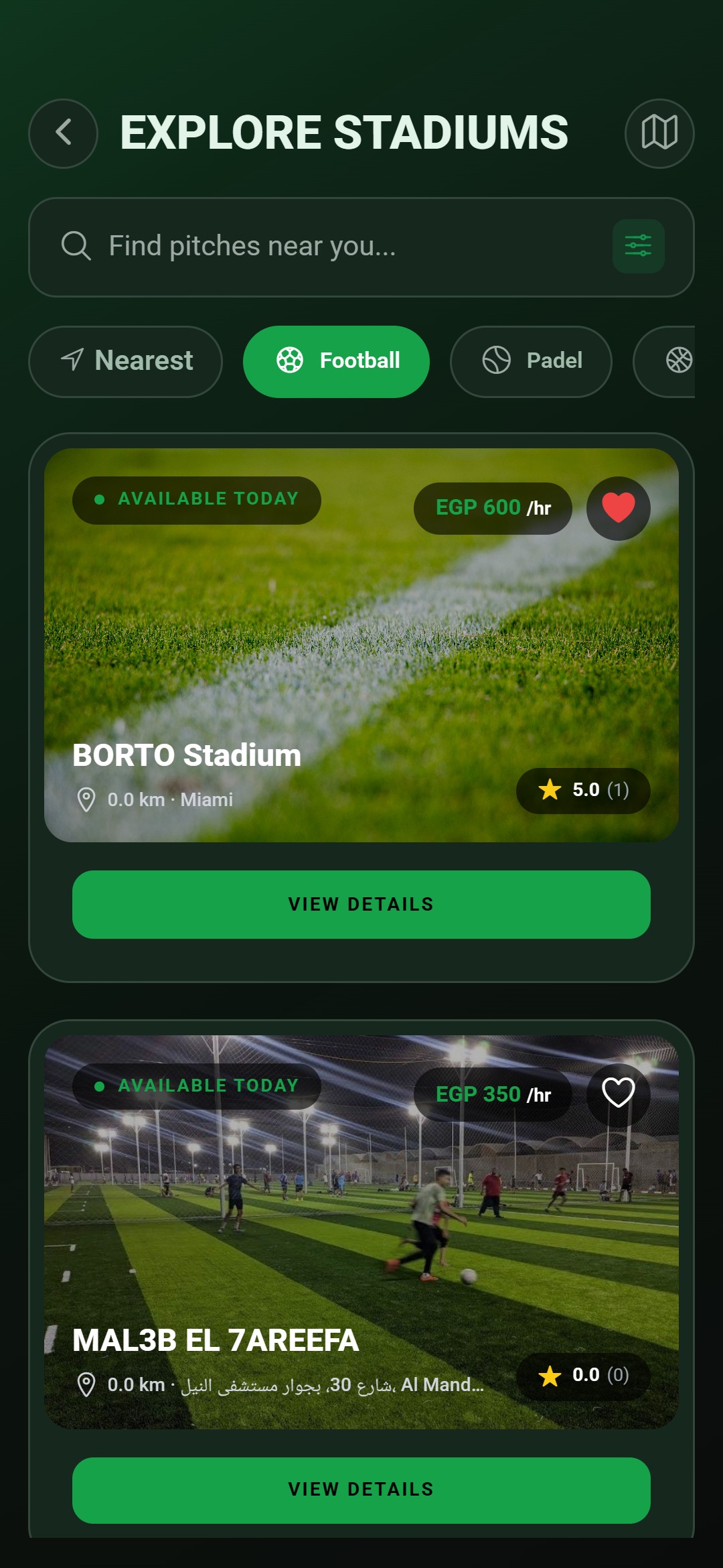 E7GZ explore stadiums screen with filters and favorites